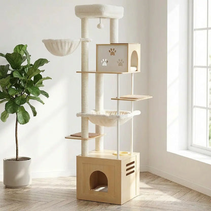 Arbre à chat en bois naturel 190 cm avec niche motif pattes, hamac blanc et plante ficus dans un salon lumineux