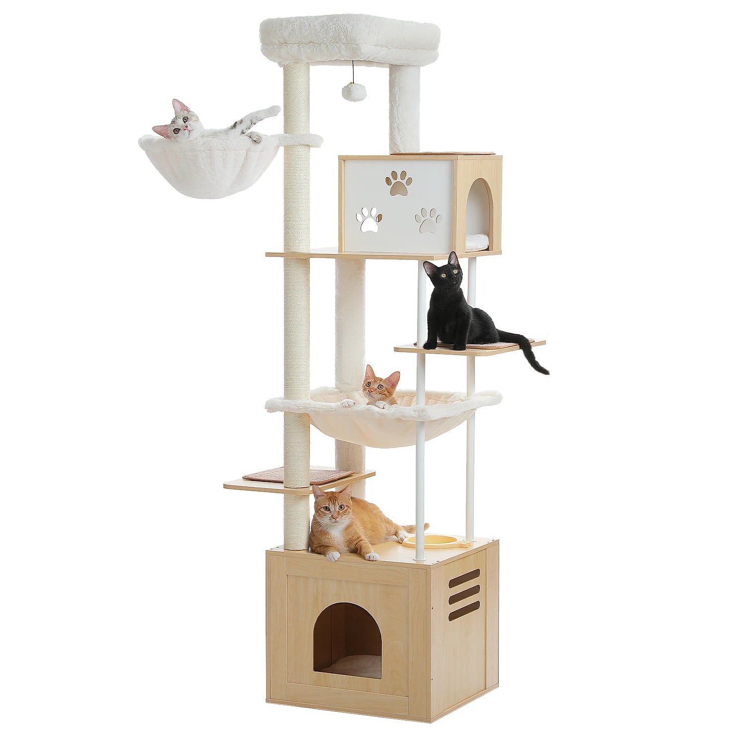 Vue produit complète de l'arbre à chat en bois naturel 190 cm sur fond clair avec niche et hamac visibles