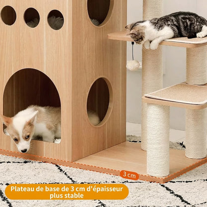 Plateau de base de 3 cm d'épaisseur de l'arbre à chat en bois naturel offrant une stabilité renforcée avec chat et chien