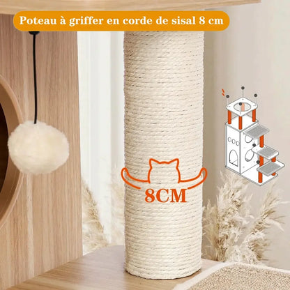 Gros plan du poteau griffoir en corde de sisal de 8 cm d'épaisseur de l'arbre à chat en bois naturel