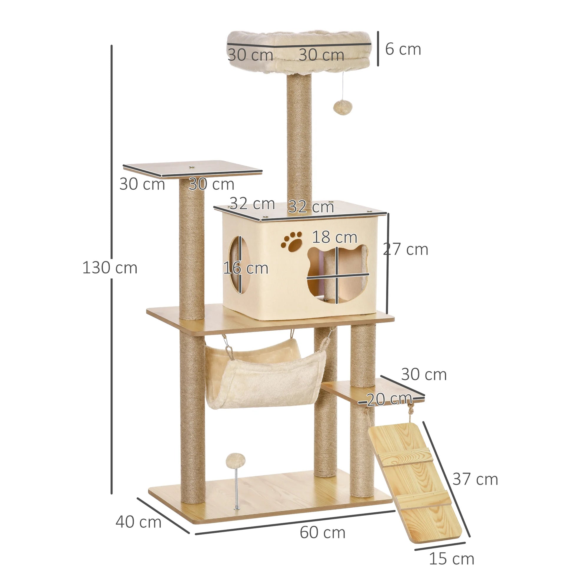 Schéma des dimensions de l'arbre à chat en bois naturel avec hauteur 130 cm et base 60 x 40 cm
