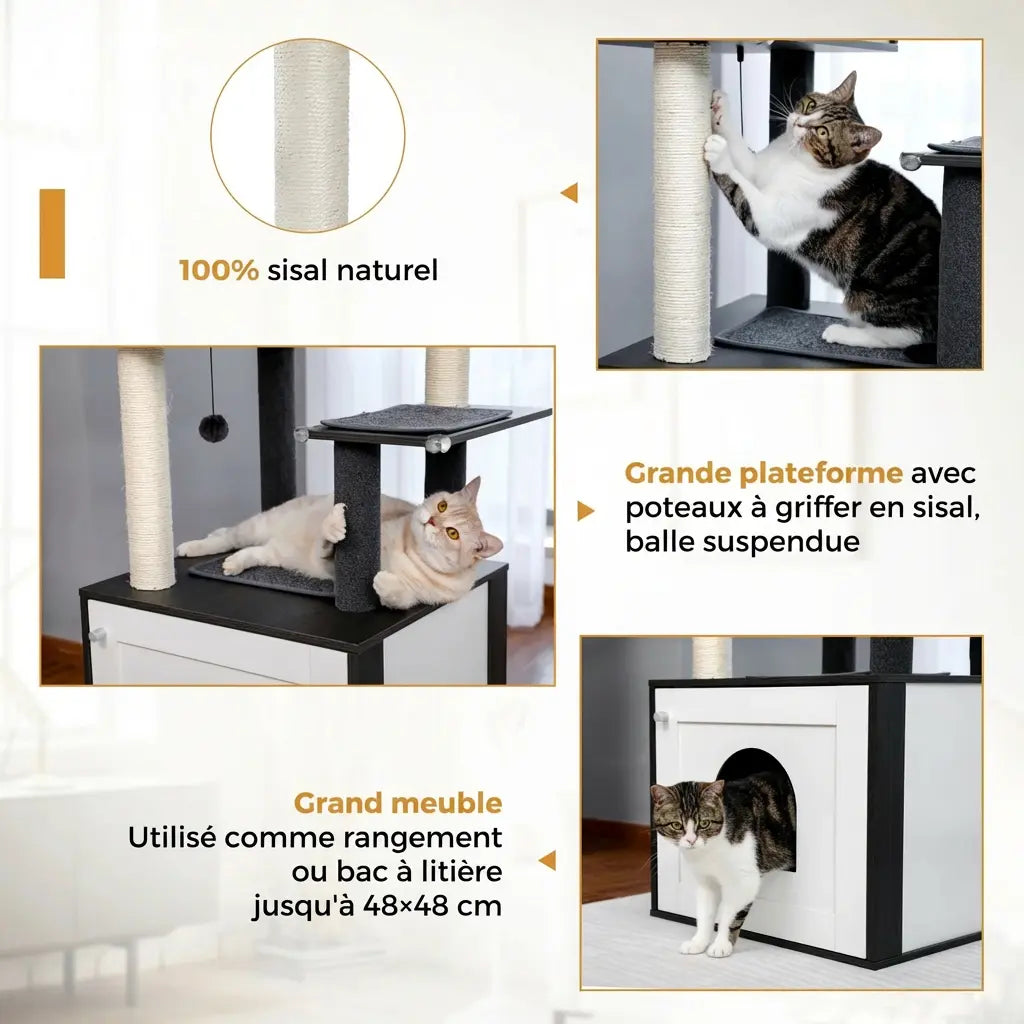 Détail de l'arbre à chat en bois gris : sisal 100% naturel, grande plateforme griffoir, balle suspendue et grand meuble utilisable en rangement ou litière