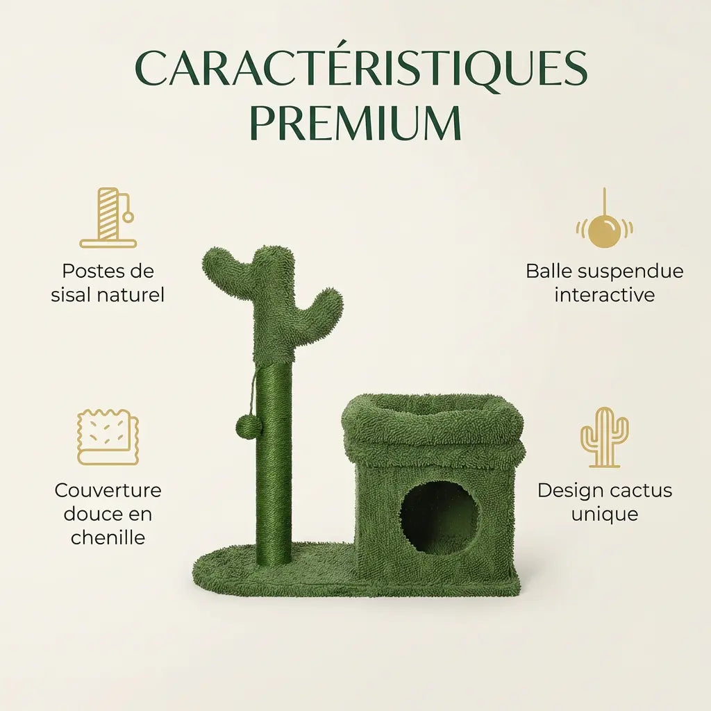 Infographie caractéristiques premium de l'arbre à chat cactus : sisal naturel, balle interactive et couverture chenille