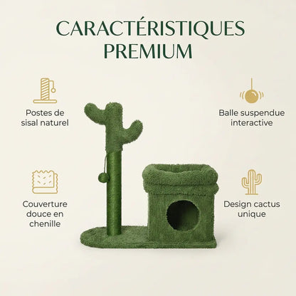 Infographie caractéristiques premium de l'arbre à chat cactus : sisal naturel, balle interactive et couverture chenille