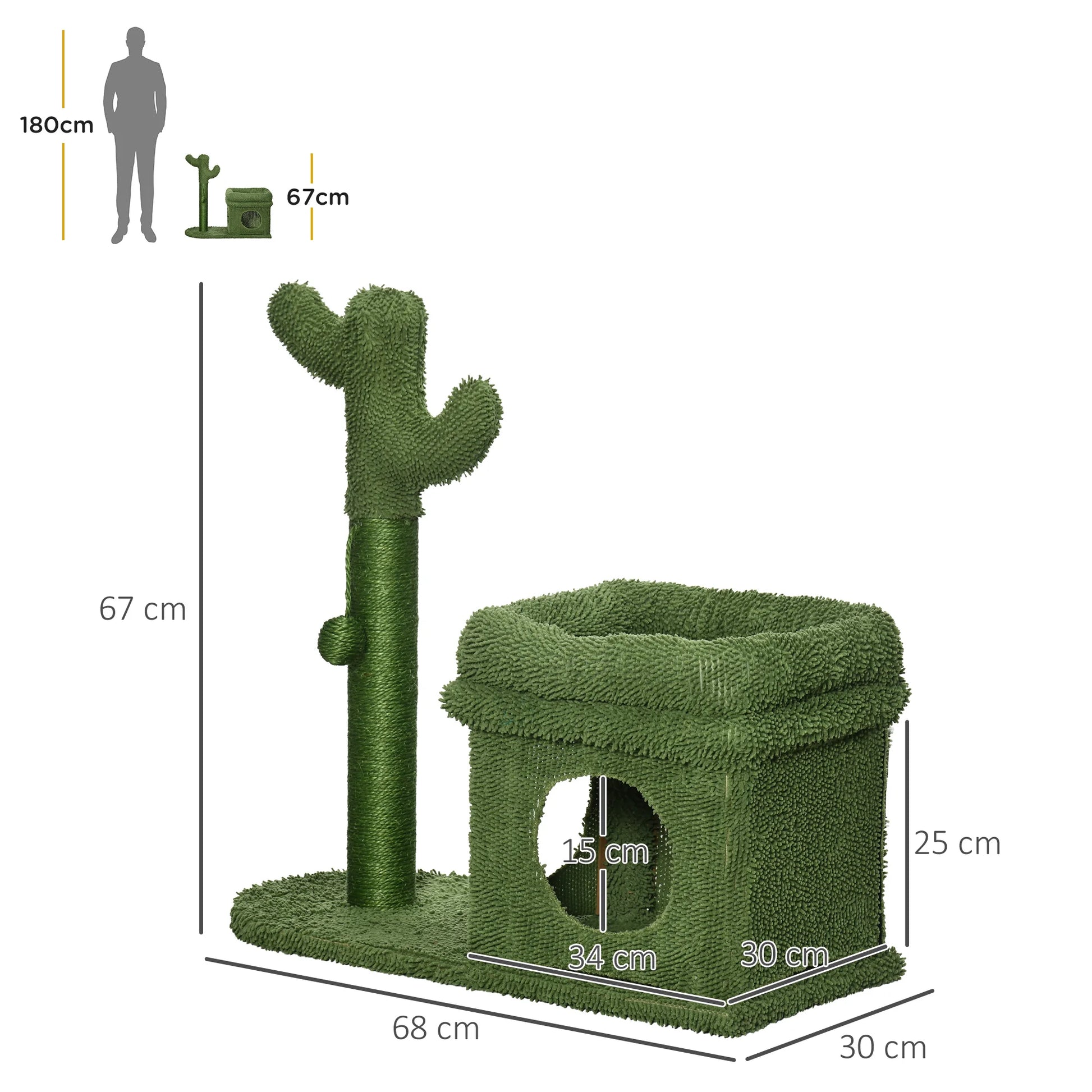 Schéma des dimensions de l'arbre à chat cactus chenille vert : 67 cm de hauteur et 68 cm de largeur