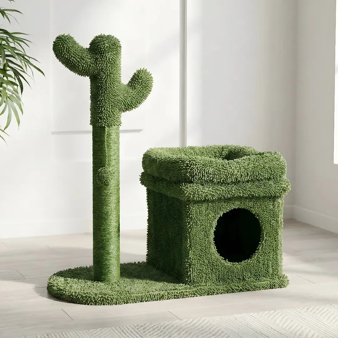 Arbre à chat cactus entièrement recouvert de chenille verte avec grande niche cube et poteau en sisal