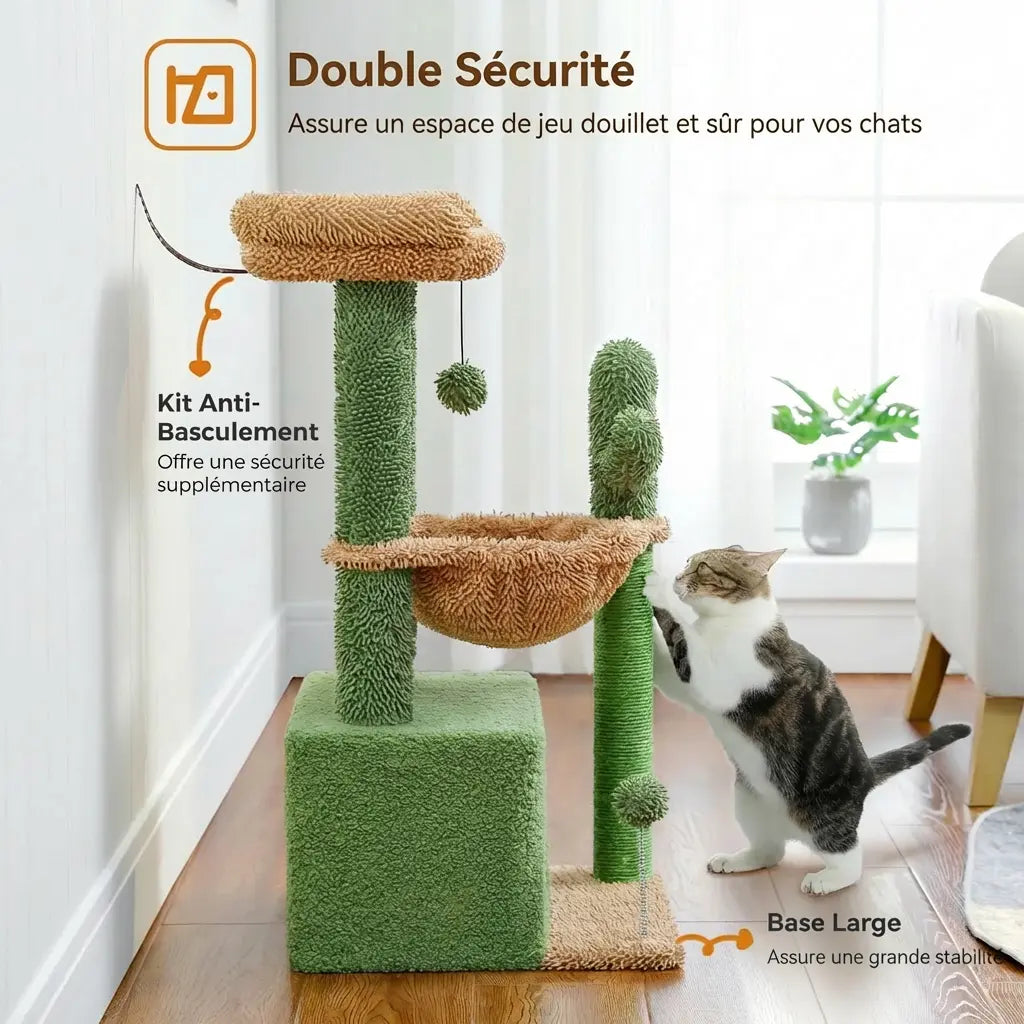Infographie double sécurité de l'arbre à chat cactus avec kit anti-basculement et grande base stable