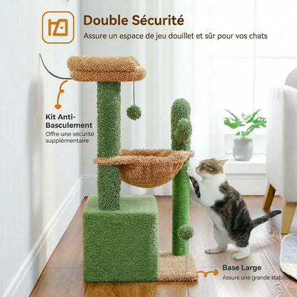 Infographie double sécurité de l'arbre à chat cactus avec kit anti-basculement et grande base stable