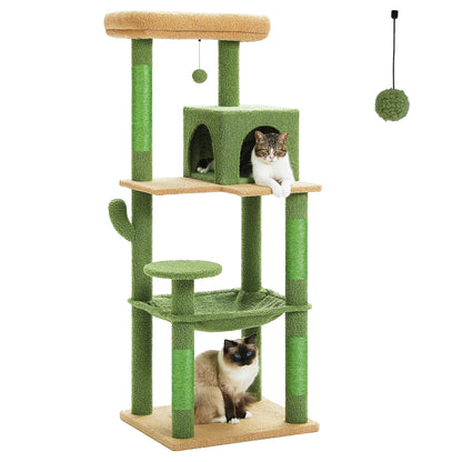 Grand arbre à chat cactus vert et beige photographié sur fond blanc avec chat ragdoll à la base
