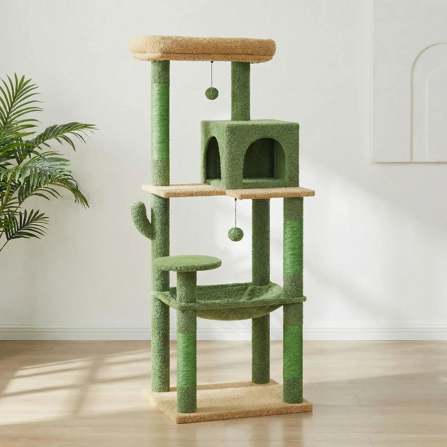 Grand arbre à chat cactus vert et beige multi-niveaux avec niche fermée et large perchoir supérieur