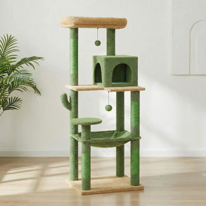 Grand arbre à chat cactus vert et beige multi-niveaux avec niche fermée et large perchoir supérieur