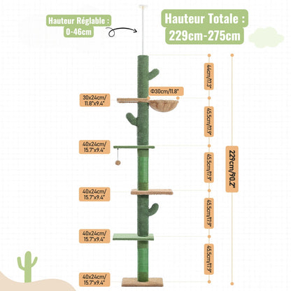 Schéma de l'arbre à chat cactus avec hauteur totale réglable de 229 à 275 cm et détail de chaque niveau