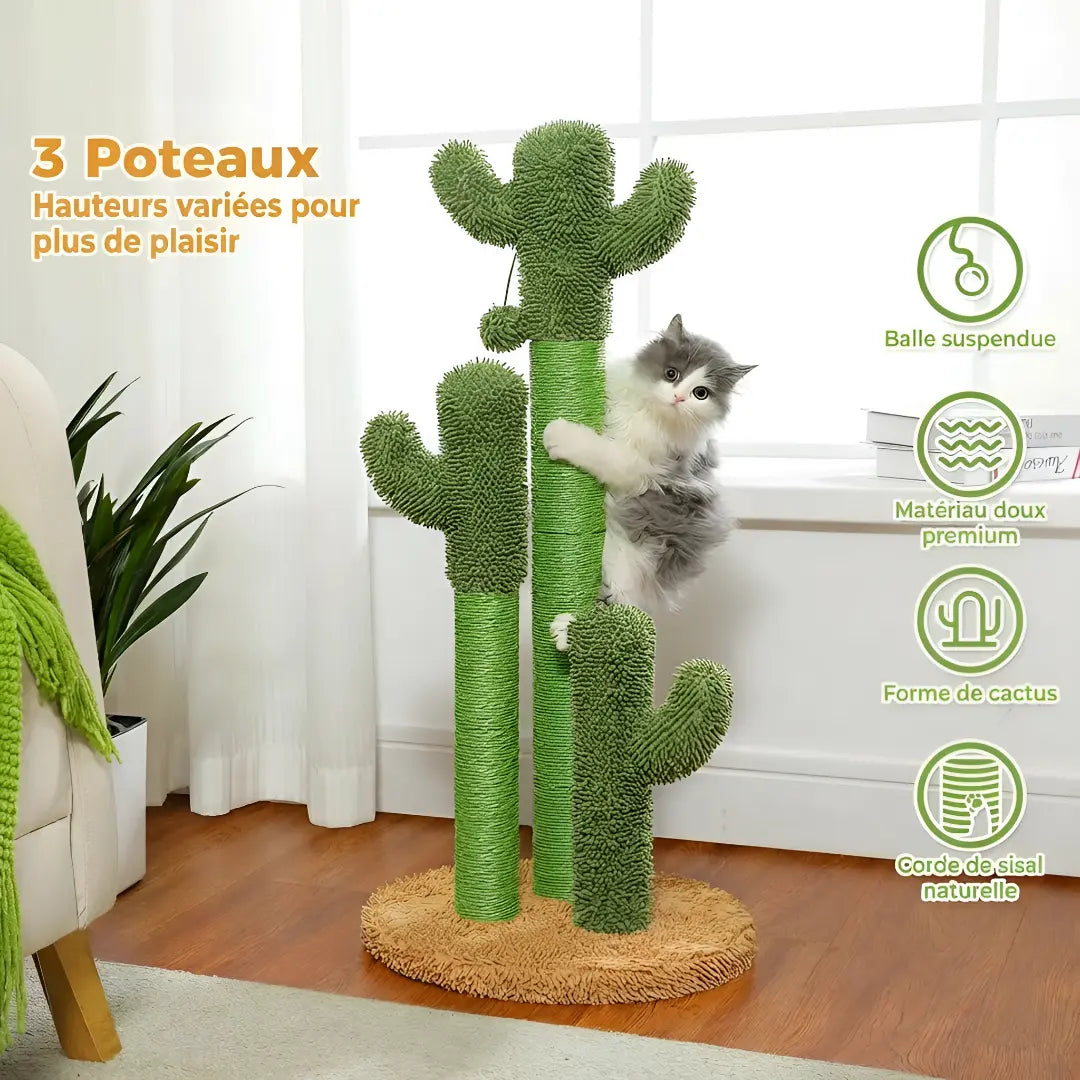 Arbre à chat cactus vert avec trois poteaux de hauteurs variées sur base ronde en sisal naturel