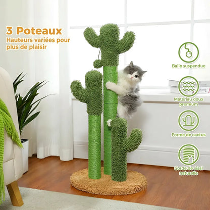 Arbre à chat cactus vert avec trois poteaux de hauteurs variées sur base ronde en sisal naturel