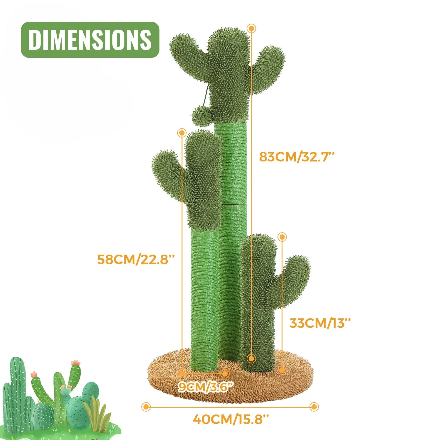 Schéma des dimensions de l'arbre à chat cactus avec hauteurs 83 cm, 58 cm et base de 40 cm