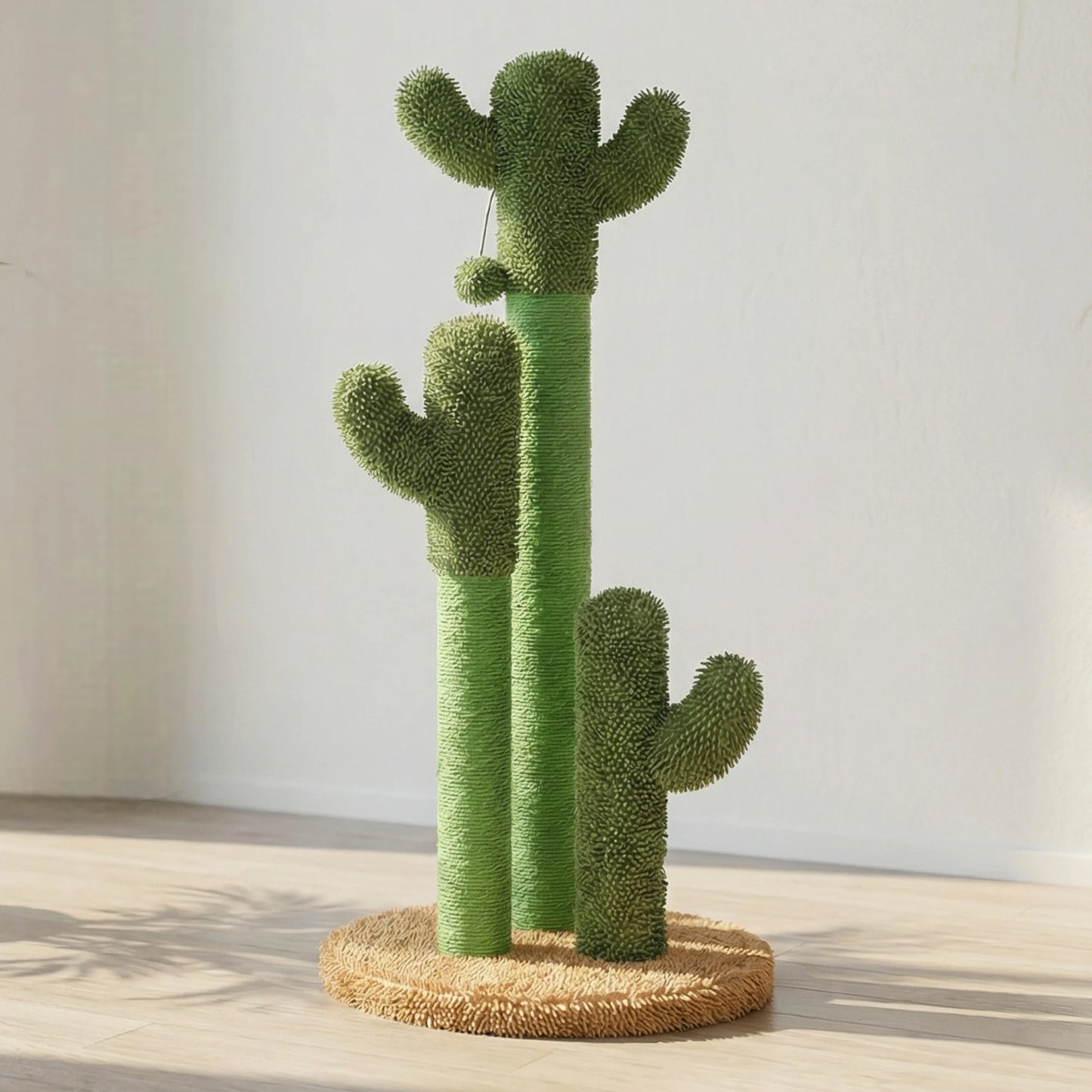 Arbre à chat cactus vert avec trois poteaux de hauteurs variées sur base ronde en sisal naturel