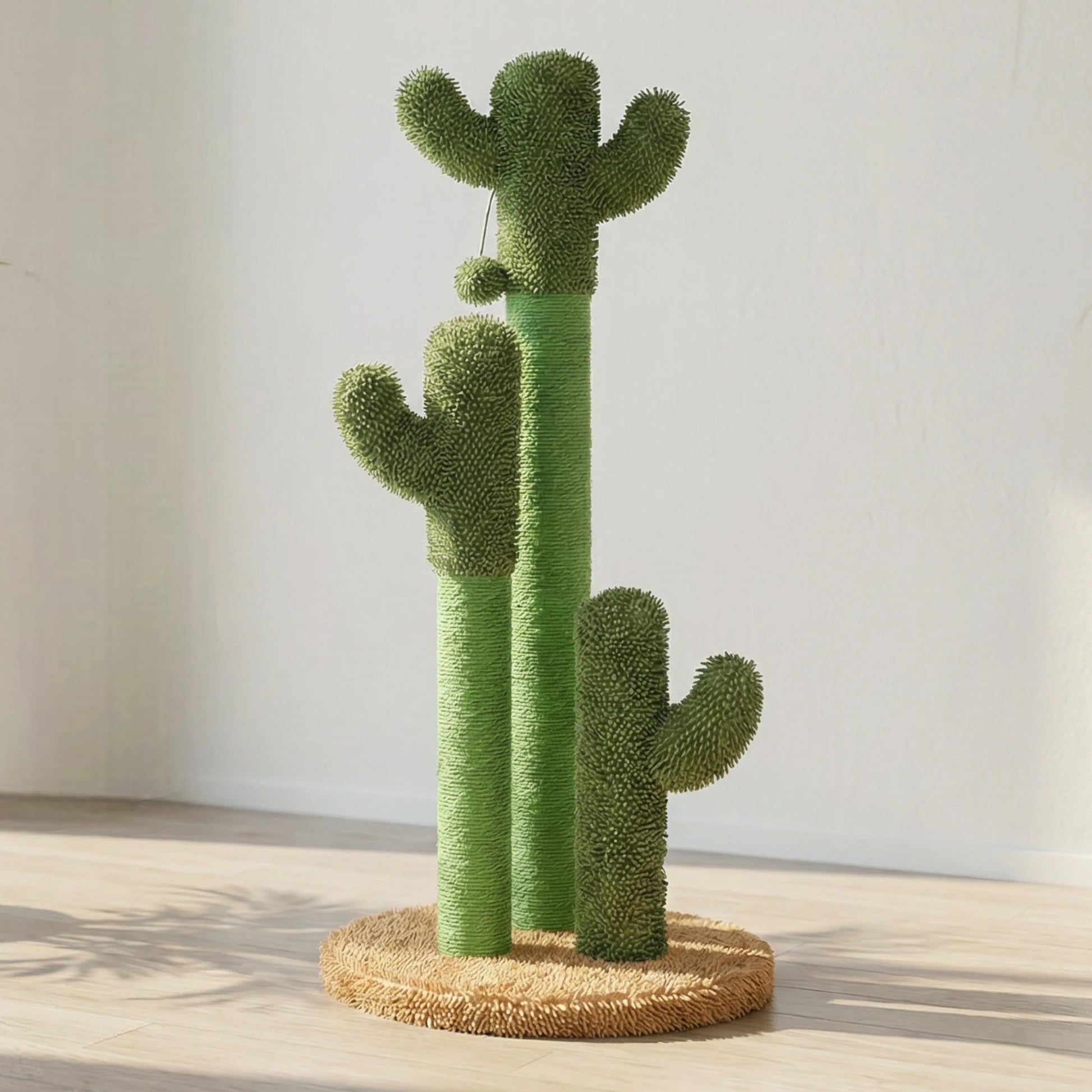 Arbre à chat cactus vert avec trois poteaux de hauteurs variées sur base ronde en sisal naturel