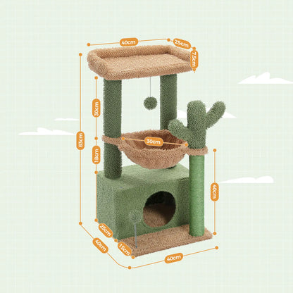 Schéma technique annoté avec toutes les dimensions de l'arbre à chat cactus vert et beige