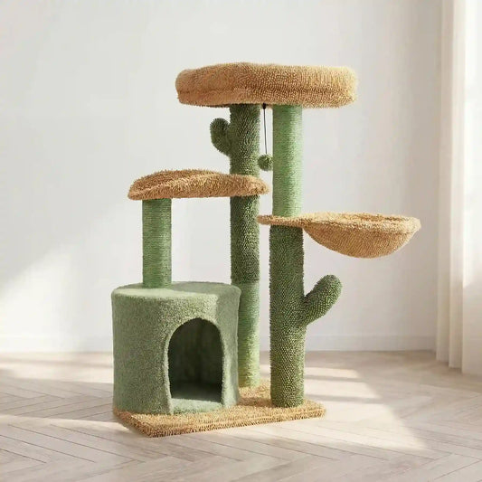 Arbre à chat cactus vert et beige avec condo, hamac et plateformes