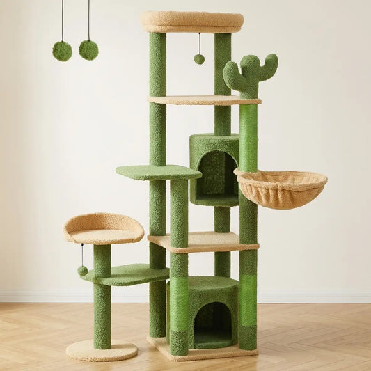 Arbre à chat cactus vert 150 cm avec deux niches fermées, plateformes en chanvre, hamacs suspendus et jouets balles.