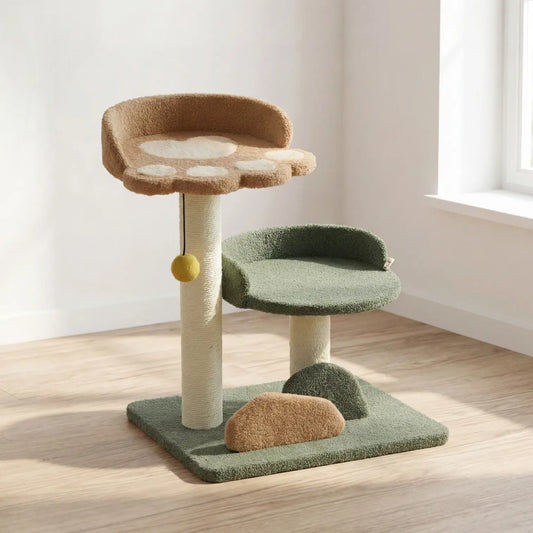 arbre à chat compact avec deux plateformes, poteau à griffer et balle suspendue