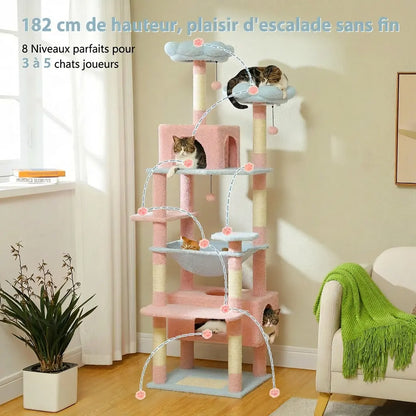 Arbre à chat fleur 152 cm en situation réelle avec plusieurs chats répartis sur les différents niveaux