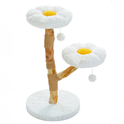 Vue complète de l'arbre à chat fleur blanc avec pompoms sur fond blanc