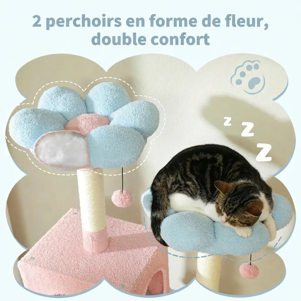Un chat endormi sur un perchoirs en forme de fleur