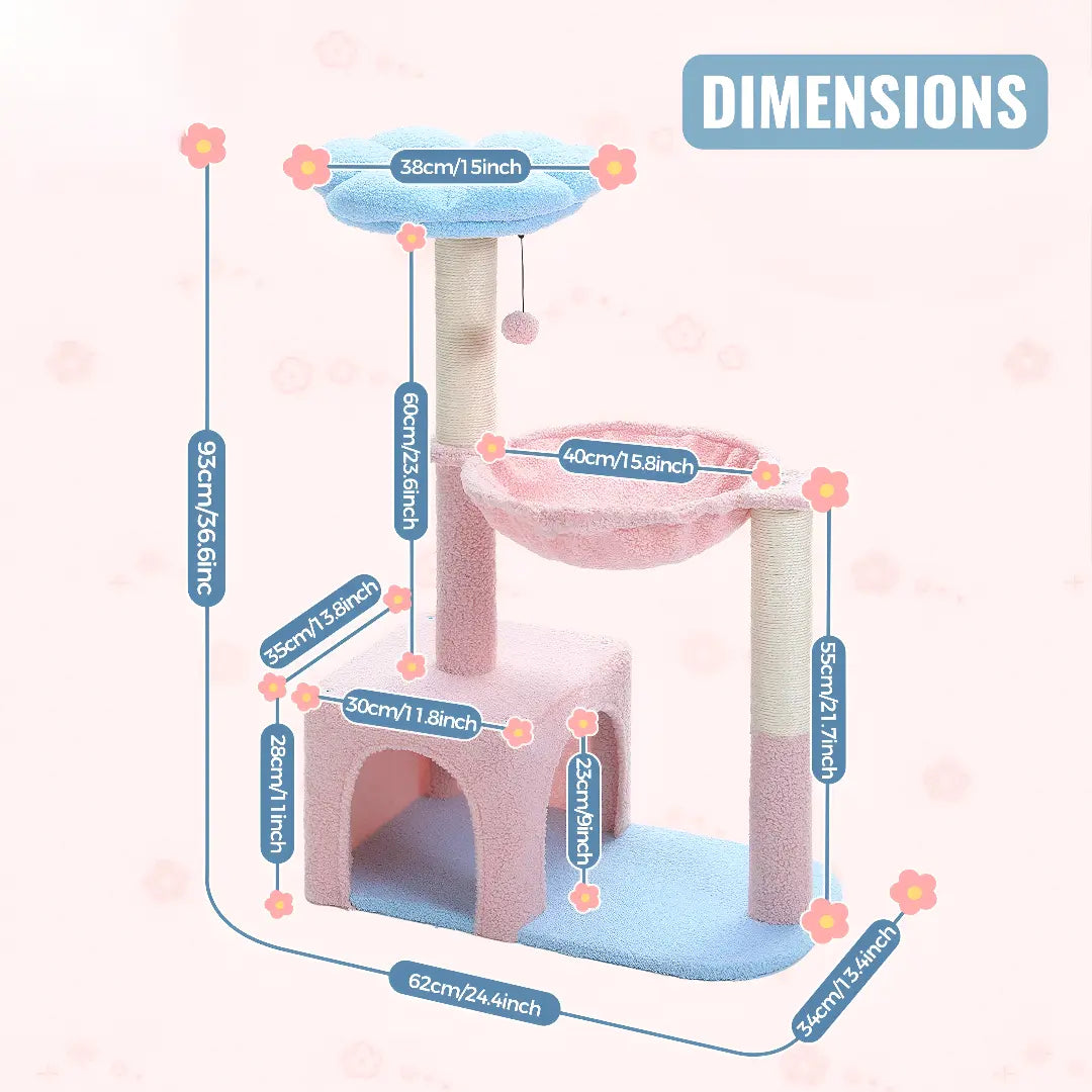 Schéma dimensions annoté version bleu et rose de l'arbre à chat fleur avec toutes les mesures