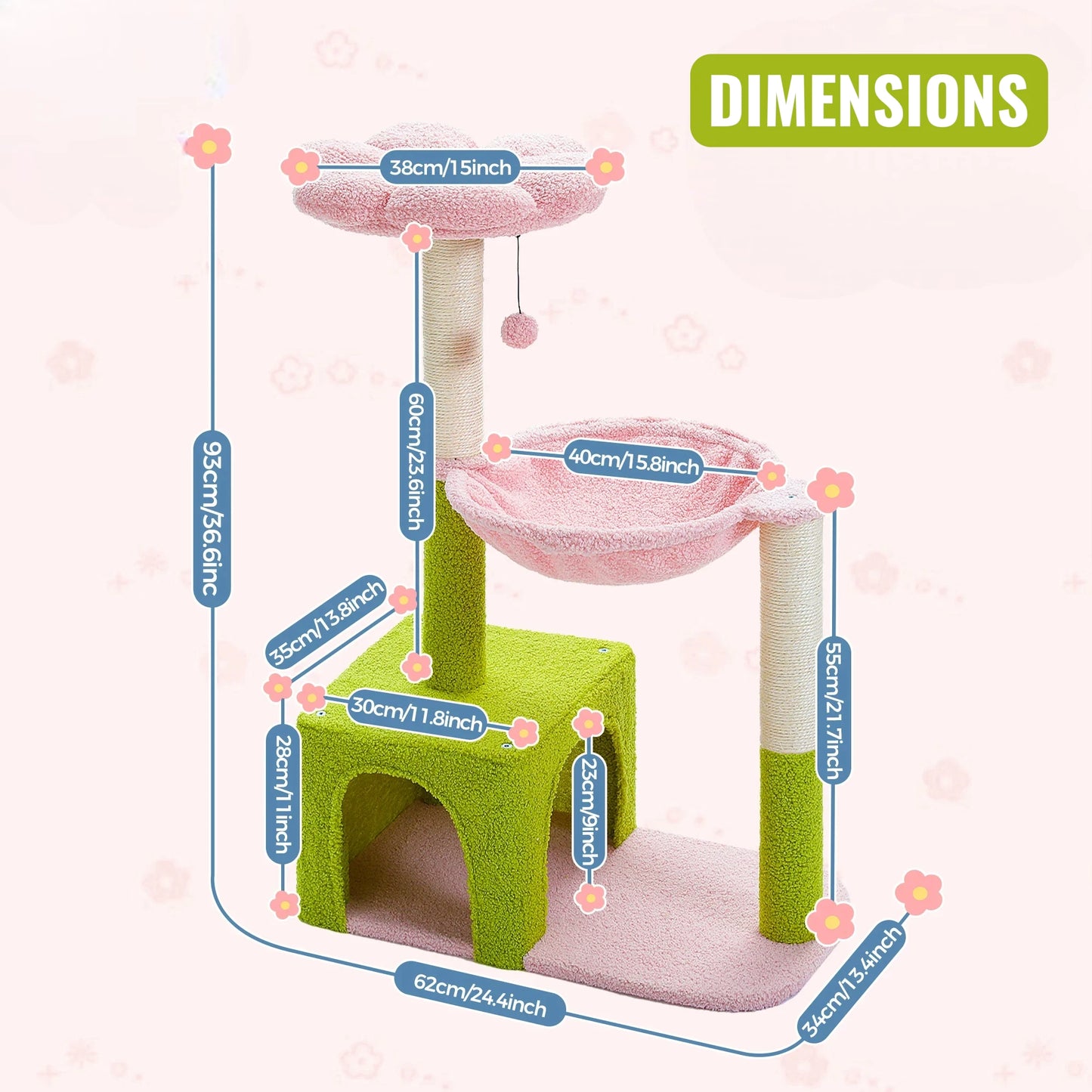 Schéma dimensions version rose et vert de l'arbre à chat fleur avec mesures détaillées