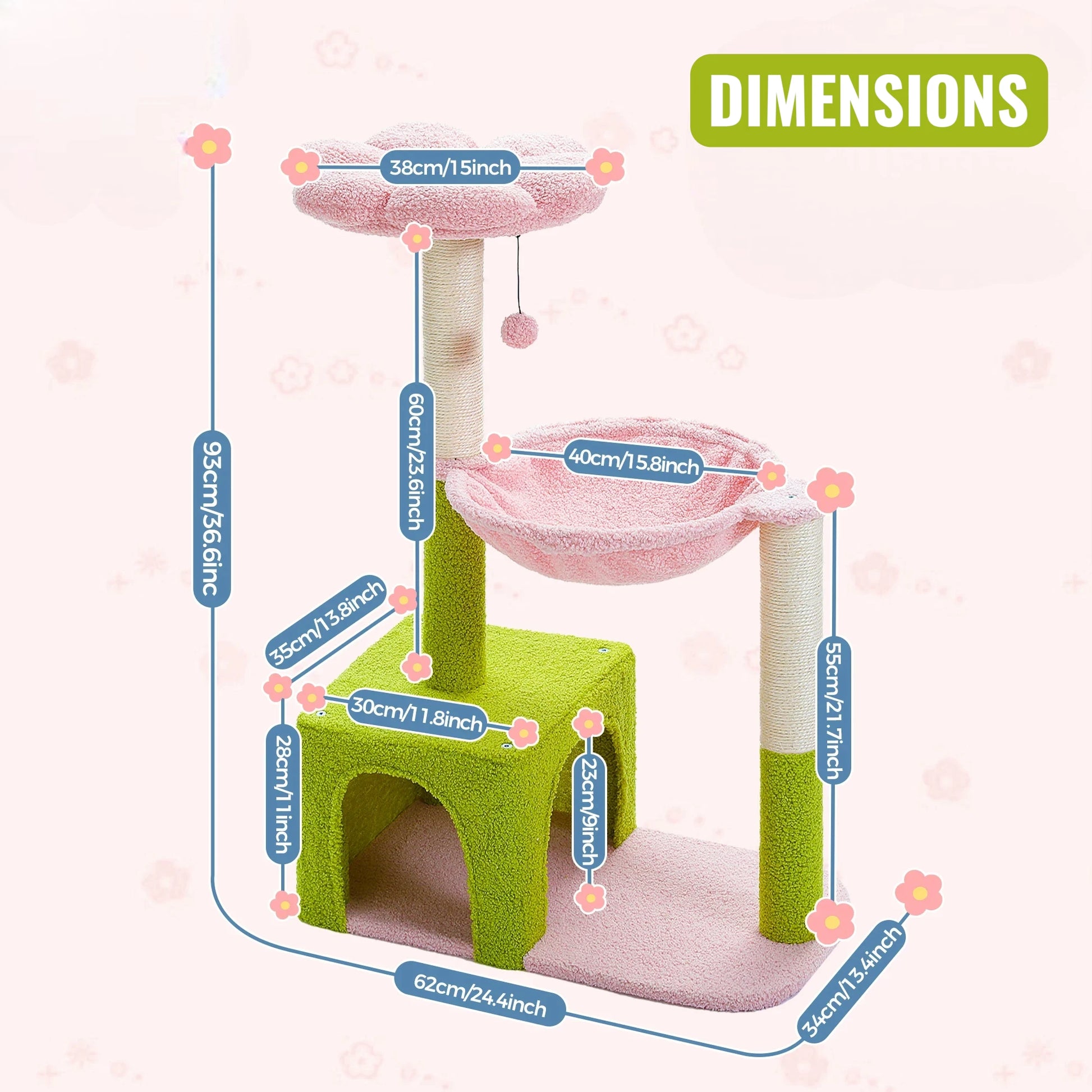 Schéma dimensions version rose et vert de l'arbre à chat fleur avec mesures détaillées