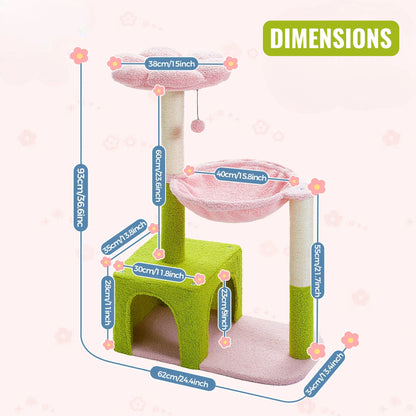 Schéma dimensions version rose et vert de l'arbre à chat fleur avec mesures détaillées