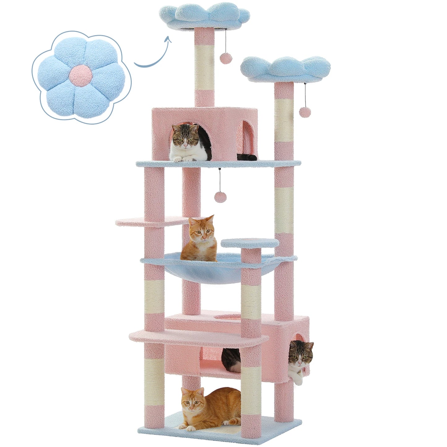 Vue produit complète du grand arbre à chat fleur rose et bleu sur fond blanc