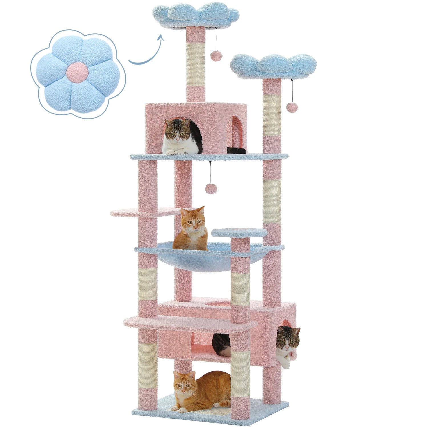 Vue produit complète du grand arbre à chat fleur rose et bleu sur fond blanc