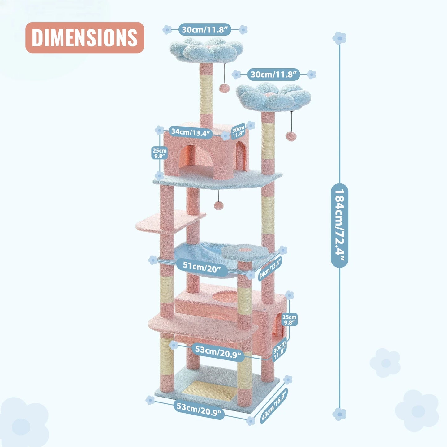 Schéma annoté de tous les niveaux et dimensions du grand arbre à chat fleur rose et bleu