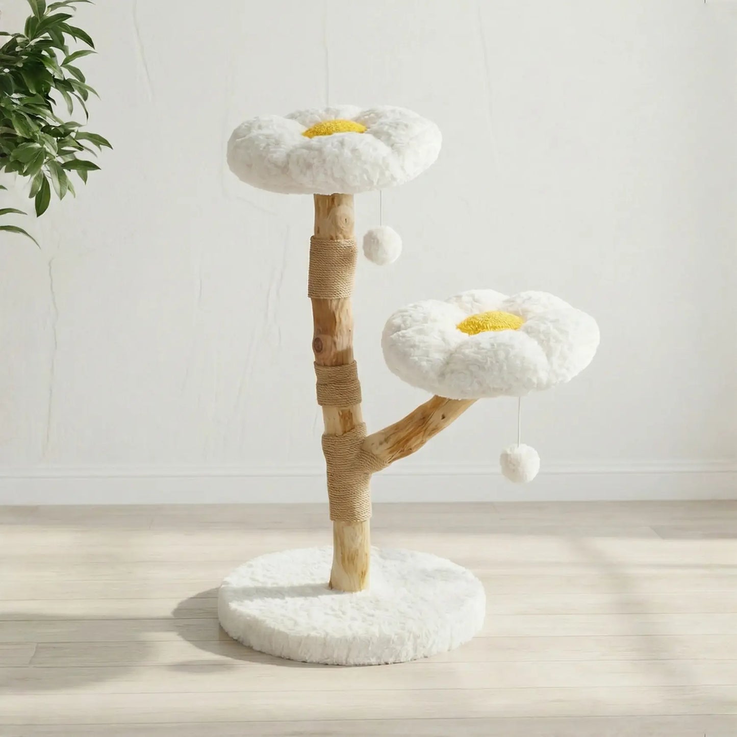 Arbre à chat fleur marguerite blanc avec deux plateformes en forme de fleur et branche en bois naturel