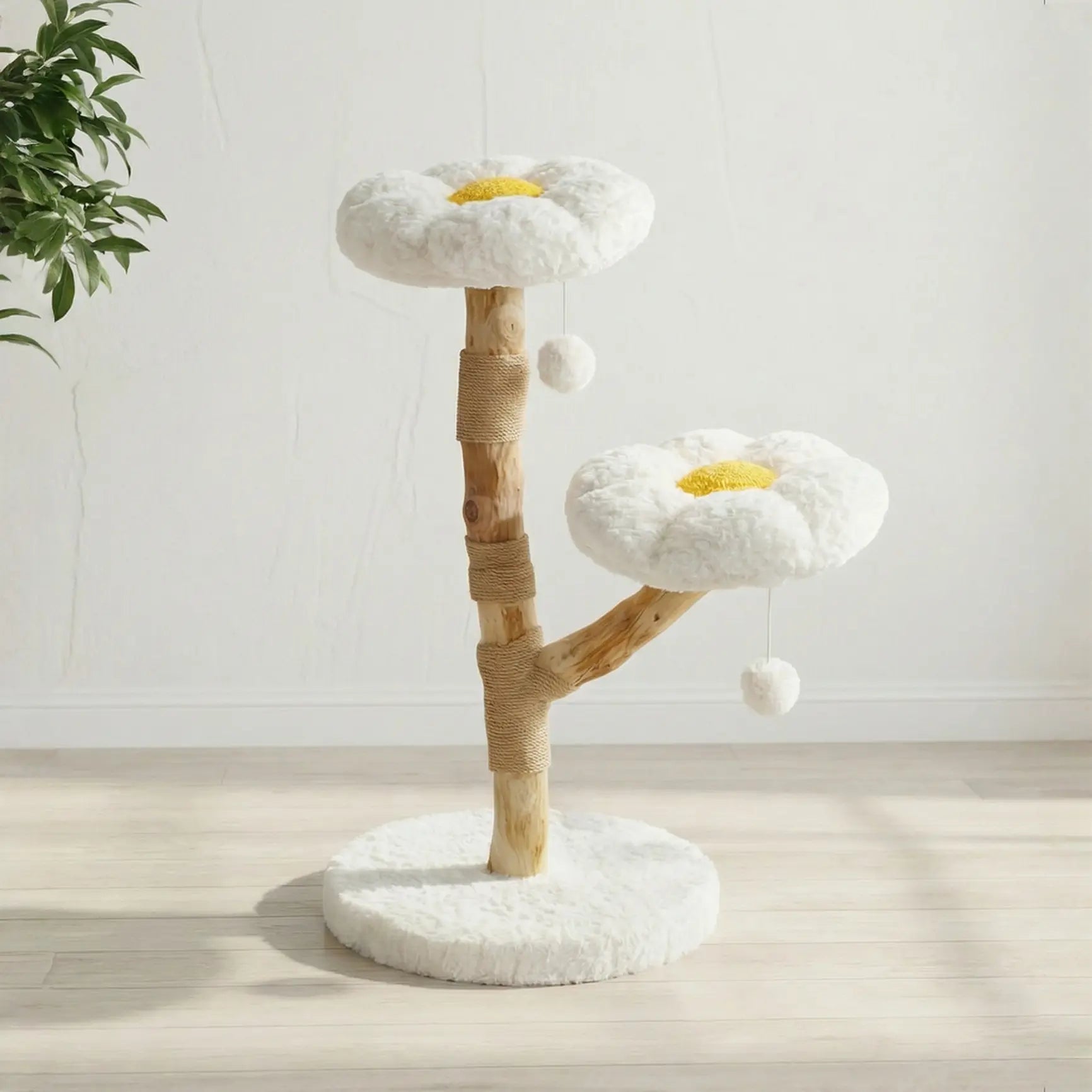 Arbre à chat fleur marguerite blanc avec deux plateformes en forme de fleur et branche en bois naturel