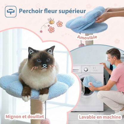 Perchoir fleur supérieur amovible et lavable en machine de l'arbre à chat fleur rose