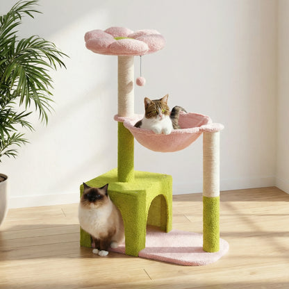 Arbre à chat fleur rose et vert avec hamac, perchoir fleur supérieur et niche, deux chats installés