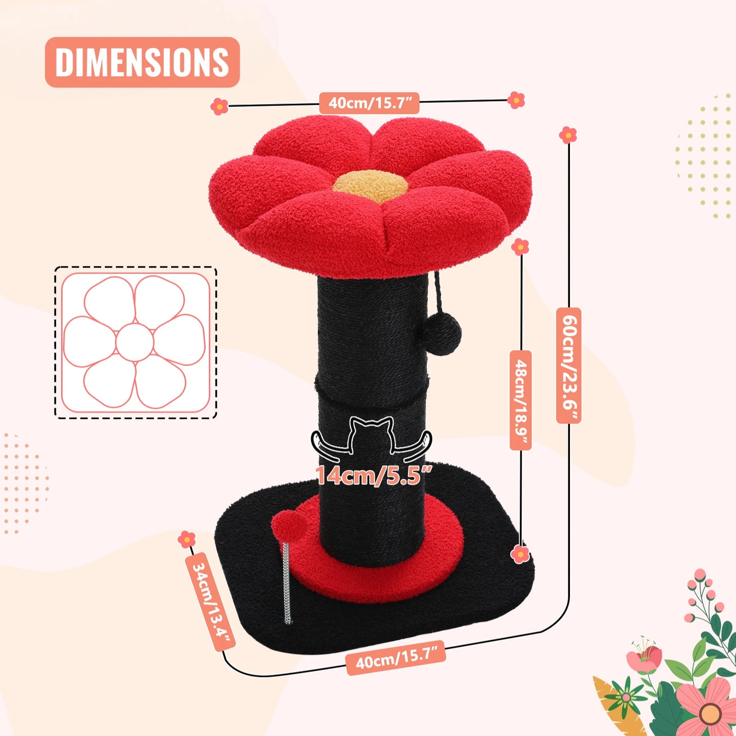 Schéma technique avec dimensions annotées de l'arbre à chat fleur rouge et noir