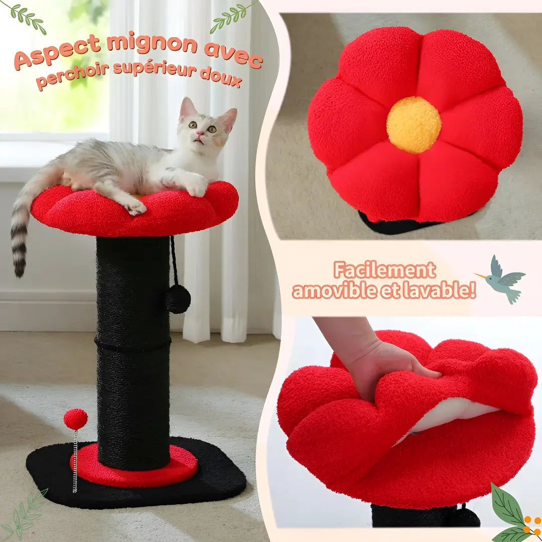 Gros plan du perchoir fleur rouge avec coussin doux facilement amovible et lavable