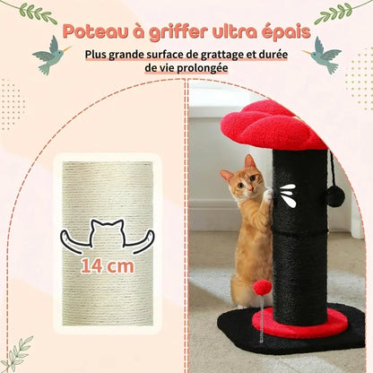 Détail du poteau griffoir ultra épais 14 cm en sisal naturel de l'arbre à chat fleur rouge