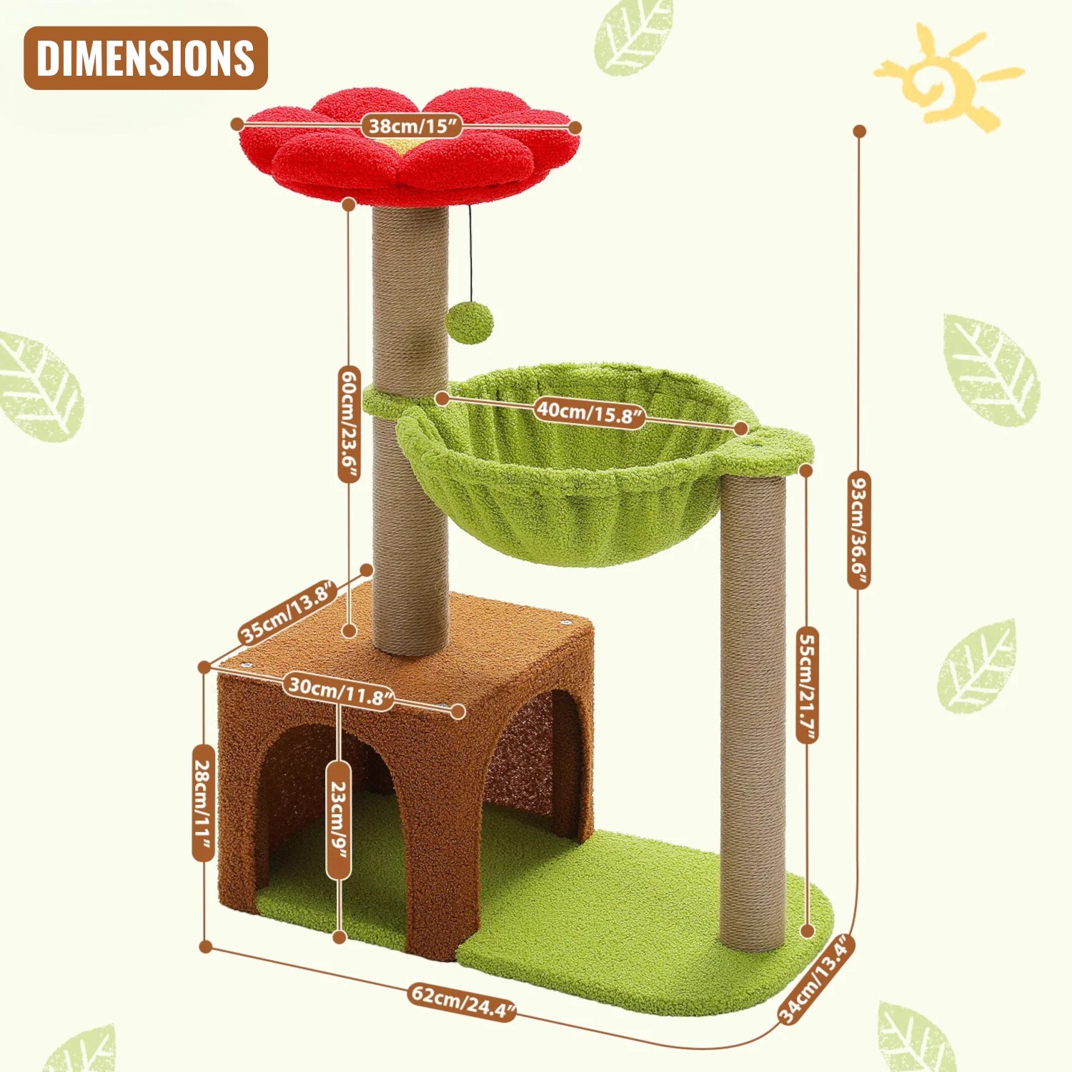 Schéma des dimensions de l'arbre à chat fleur rouge, vert et marron avec mesures détaillées