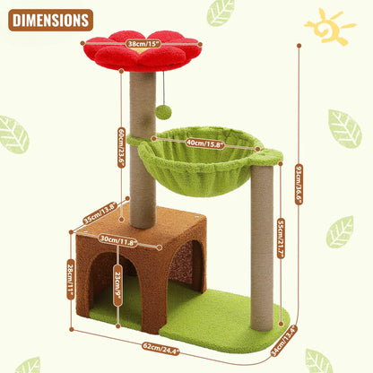 Schéma des dimensions de l'arbre à chat fleur rouge, vert et marron avec mesures détaillées