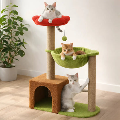 Arbre à chat fleur rouge, vert et marron avec trois niveaux de repos et trois chats installés