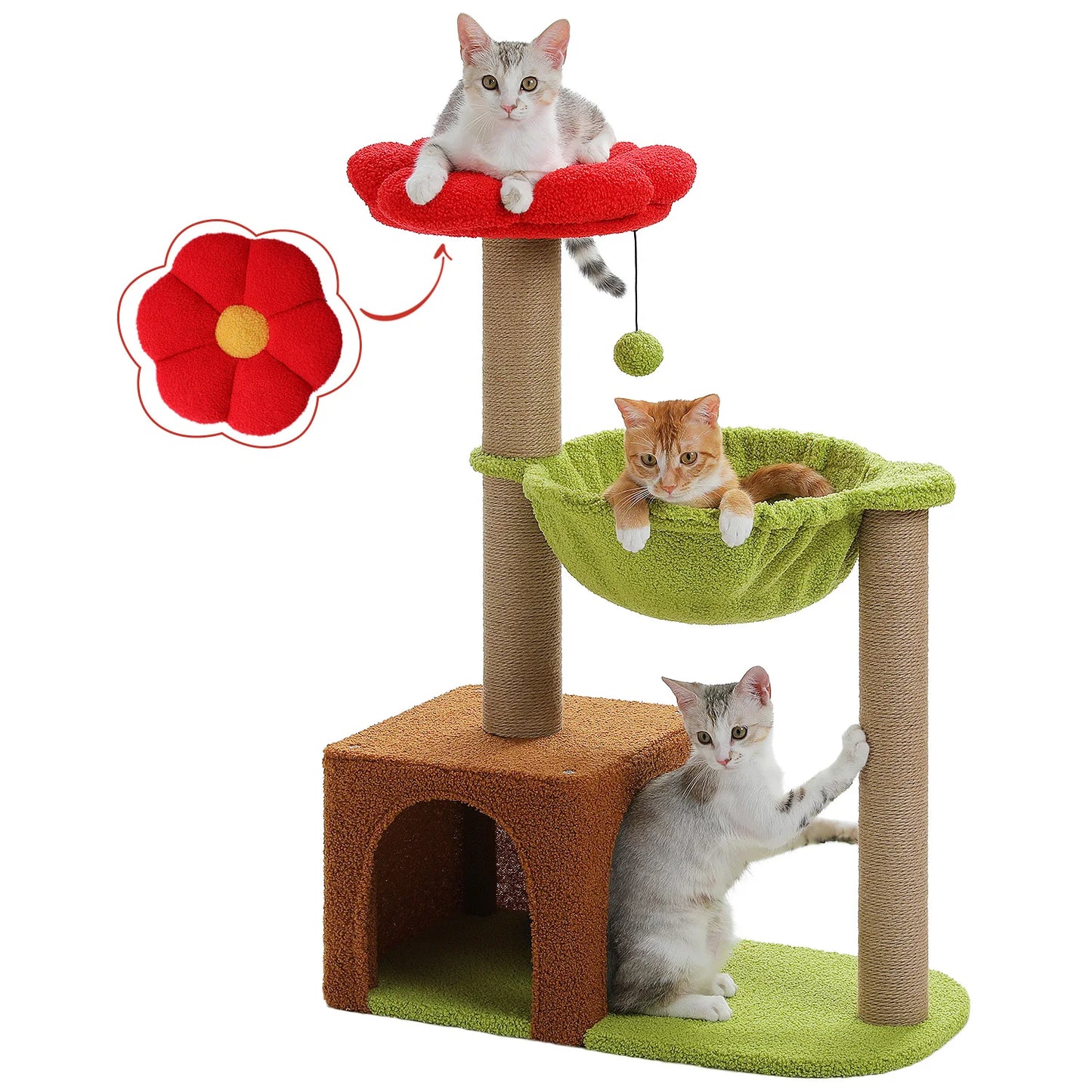 Vue latérale de l'arbre à chat fleur rouge et vert avec perchoir supérieur et hamac bien visibles