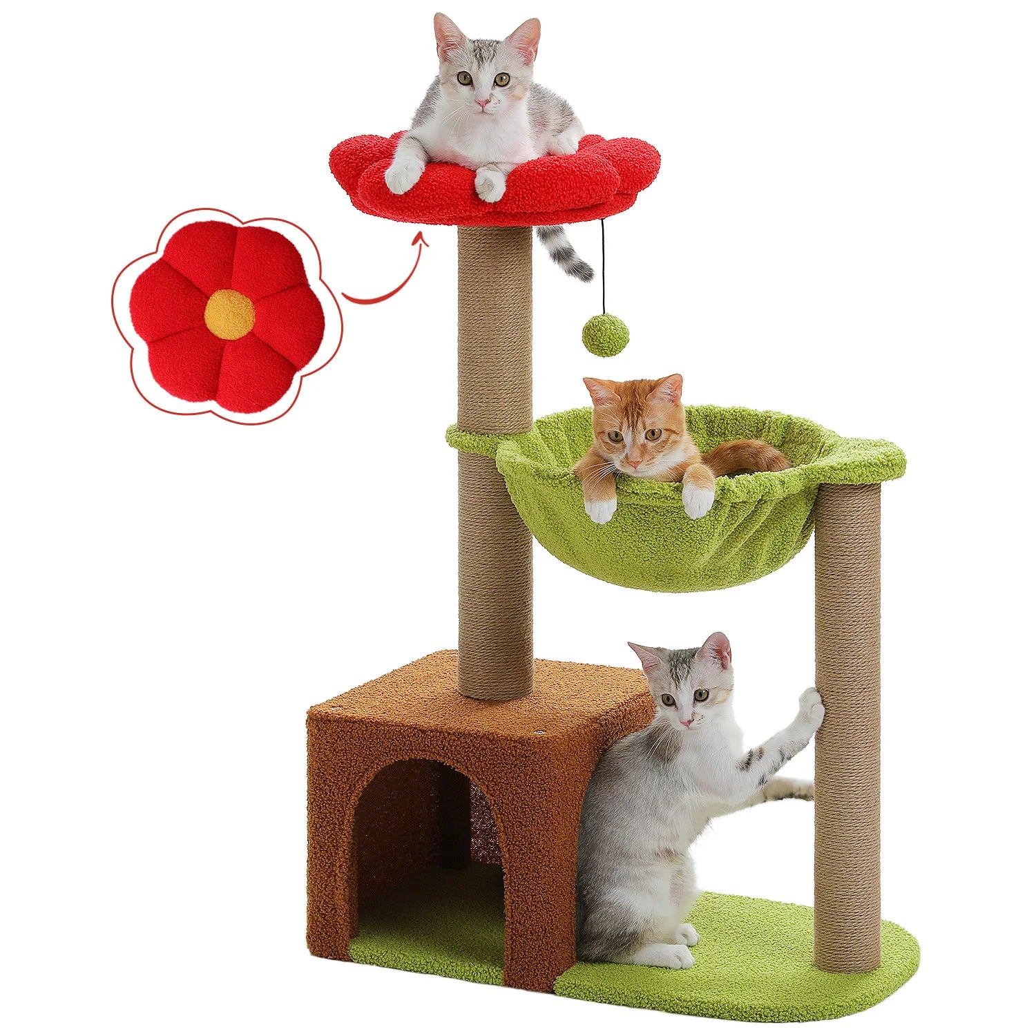 Vue latérale de l'arbre à chat fleur rouge et vert avec perchoir supérieur et hamac bien visibles
