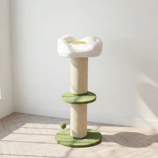 Arbre à chat fleur vert beige blanc avec base circulaire 45 cm