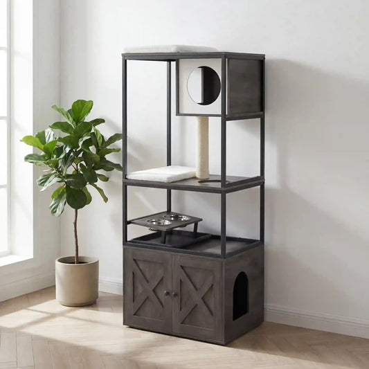 Arbre à chat style industriel avec structure en métal noir, niche en bois foncé à portes croisées, griffoir en sisal, plateformes et gamelles intégrées