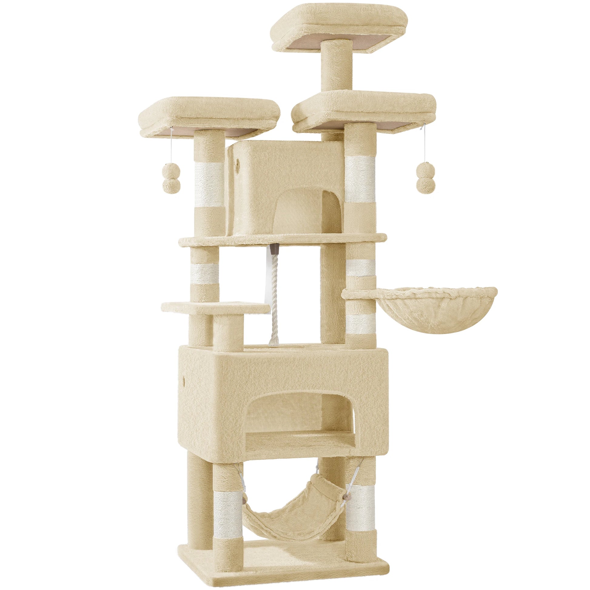 Vue en angle de l'arbre à chat Maine Coon beige mettant en valeur la niche et le hamac superposés